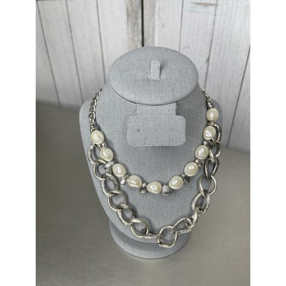 Juicy Couture Chunky Chain Necklace Simulated Pearls Silver Tone Convertible - Picture 1 of 4
